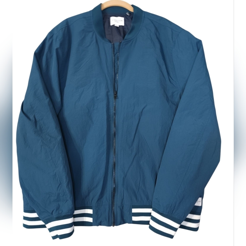 Five Four Teal Bomber Jacket Mens 2X Full Zip Striped Ribbed Hem Lightweight